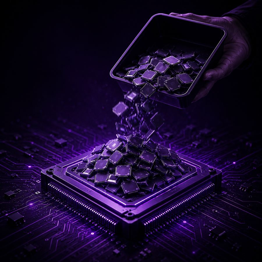 ชิปหน่วยความจำจำนวนมากถูกเทลงบนแผงวงจร